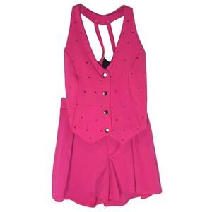 Pink Sleeveless Button-Front Vest with Rhinestone Details and Matching Skirt